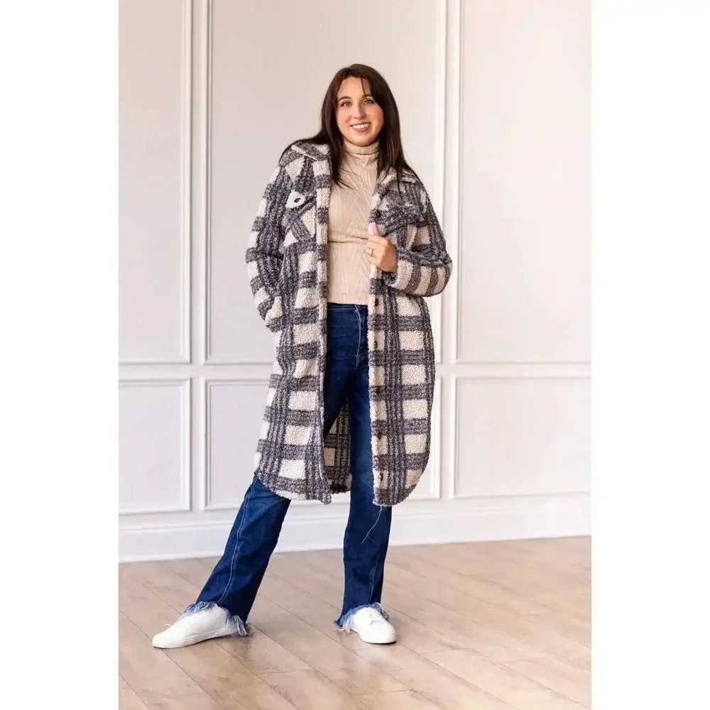 Plaid Sherpa Trench Coat / Multiple Sizes
